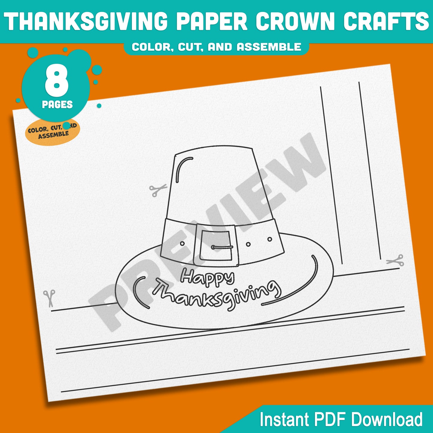 Printable Happy Thanksgiving Paper Crown Crafts, Fall Hat & Autumn Headband Activity for Kids, Party Paper Hat, 4 Designs, Pre-color + Black & White, PDF