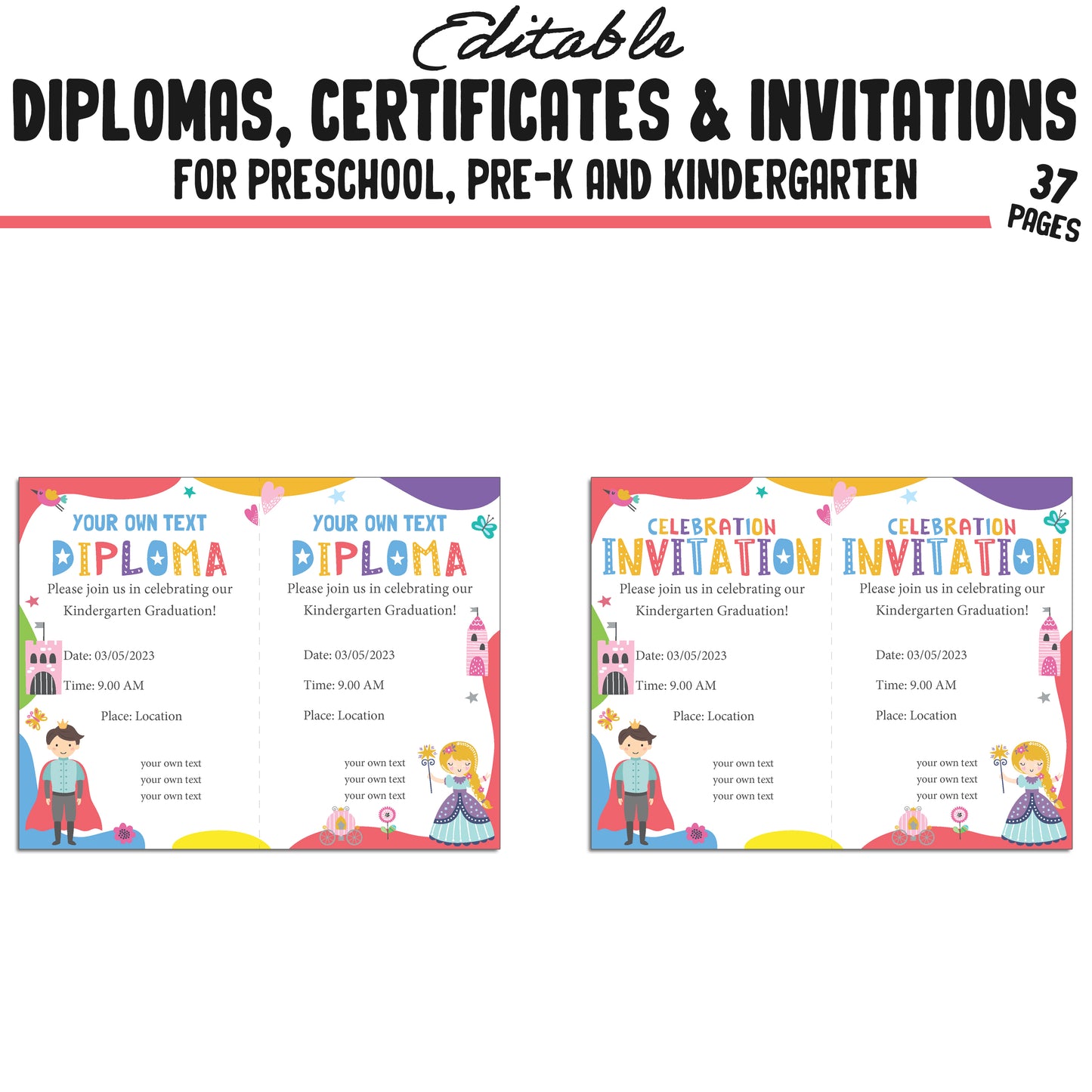 Editable Kindergarten, Pre-K, and Preschool Graduation Invitations, Diplomas, and Certificate Templates – Instant PDF Download!