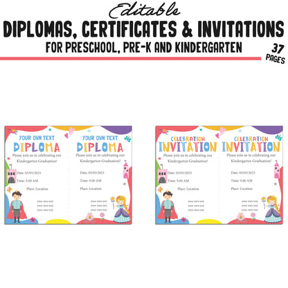 Editable Kindergarten, Pre-K, and Preschool Graduation Invitations, Diplomas, and Certificate Templates – Instant PDF Download!