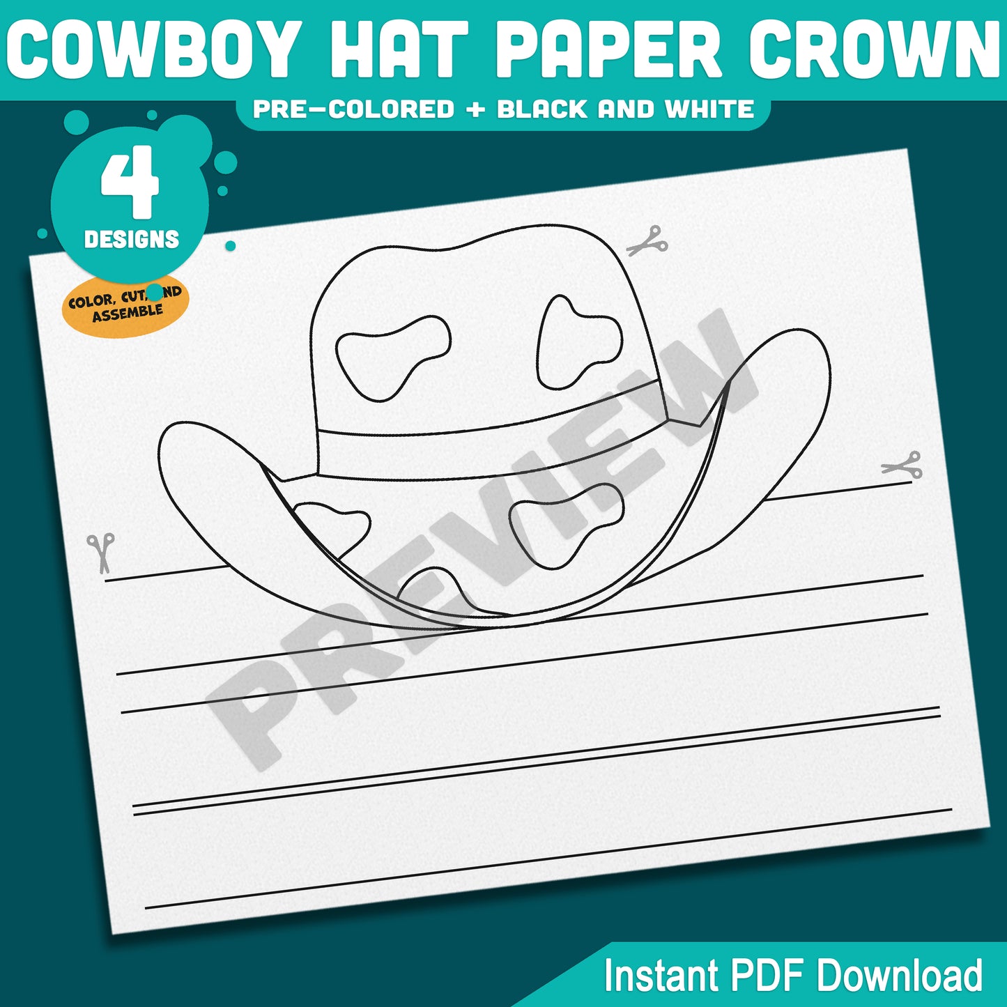 Cowboy Hat Paper Crown Template, Wild West Headband Craft, Western Dress Up for Cowgirl & Cowboy, Back to School Printable