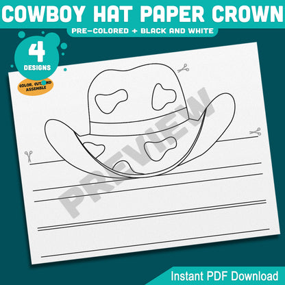 Cowboy Hat Paper Crown Template, Wild West Headband Craft, Western Dress Up for Cowgirl & Cowboy, Back to School Printable