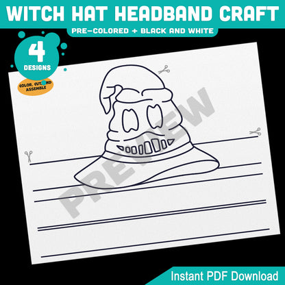 Witch Hat Headband & Crown Craft, Halloween Craft Templates for Kids, Paper Witch Hat, Pre-Colored + Black & White Printable Activity