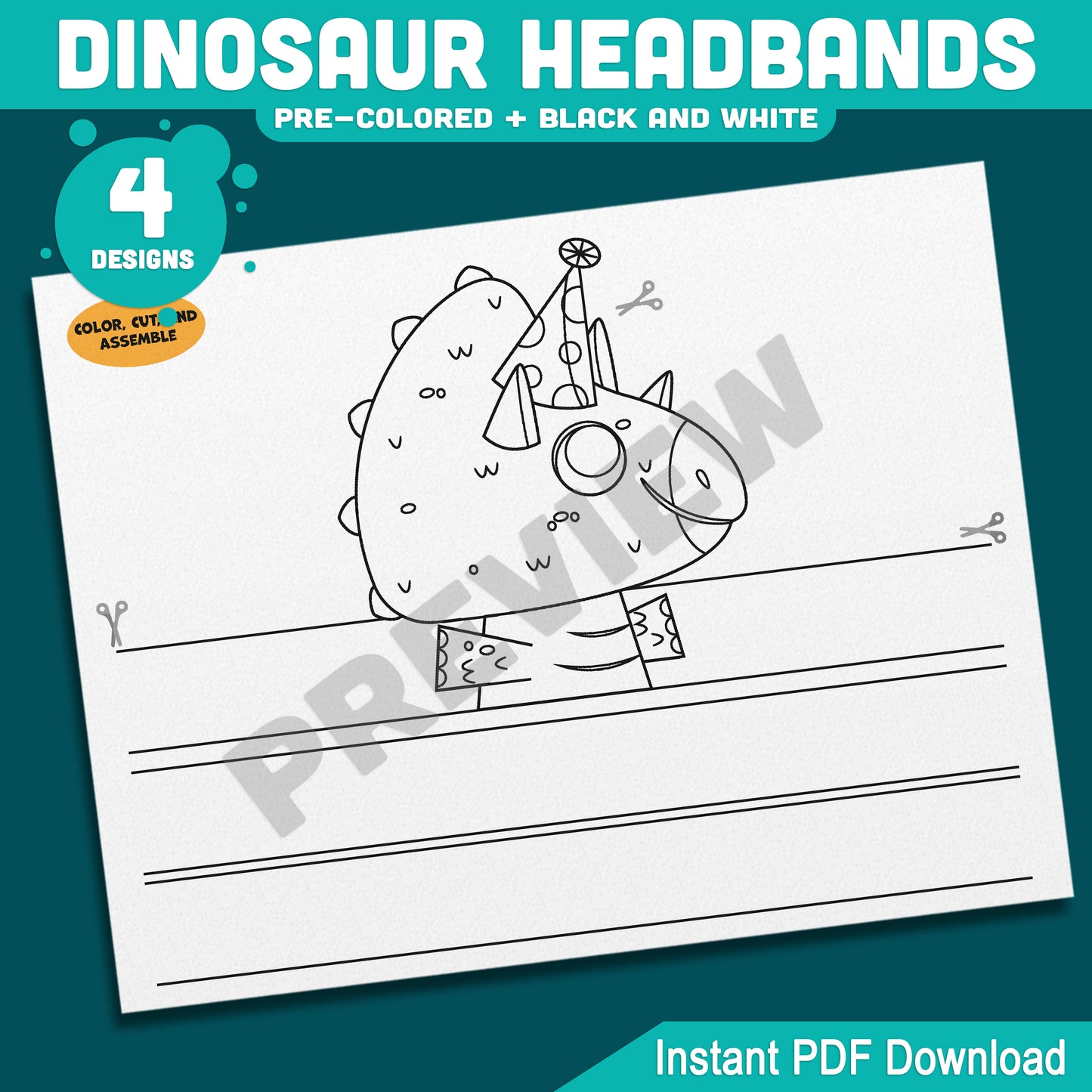 Dinosaur Birthday Headbands, Printable Paper Crowns, Color Your Own Party Hats, Wearable Dinosaur Craft, 4 Designs, US Letter, A4