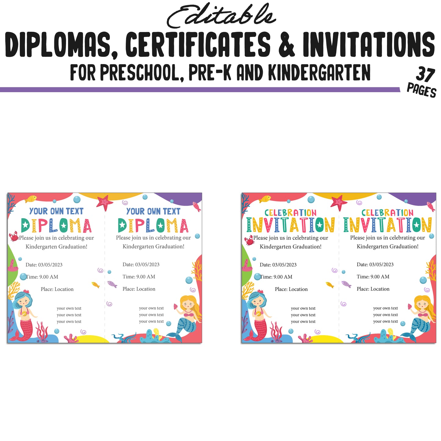 Editable Kindergarten Graduation Invitations, Pre-K and Preschool Completion Certificates, Diplomas, PDF Files, Instant Download