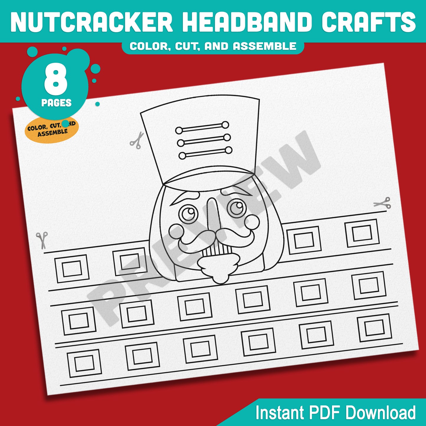 Printable Nutcracker Headband Crafts, Christmas Hat and Paper Crown Activity, Cut, Color & Assemble, Holiday Craft for Kids, 4 Fun Designs, Pre-color + Black & White PDF
