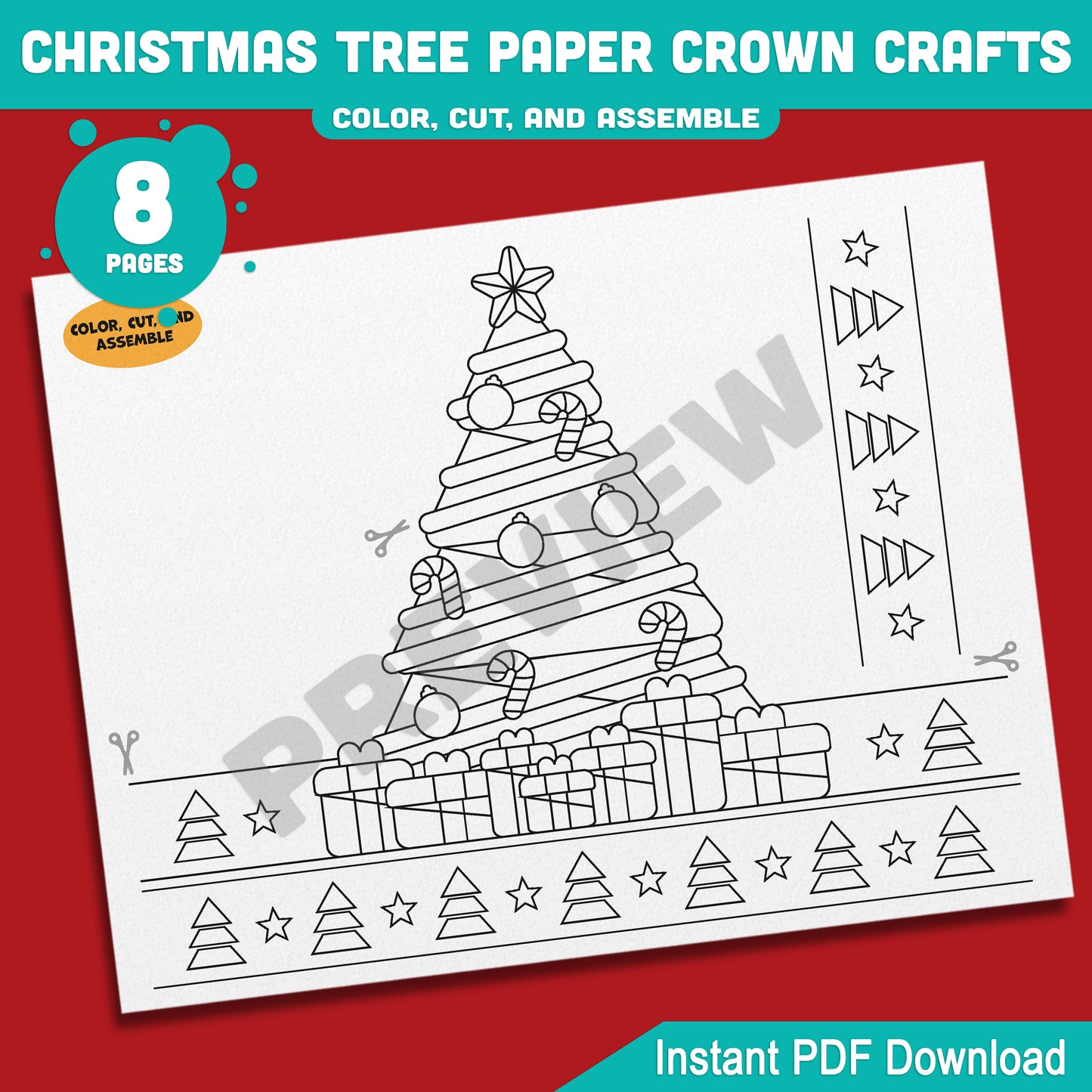 Printable Christmas Tree Paper Crown Crafts, Coloring Hat and Headband for Winter Fun, Holiday Party Paper Hat, 4 Designs, Pre-color + Black & White, PDF Download