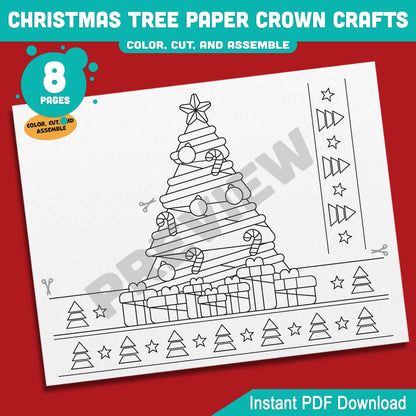 Printable Christmas Tree Paper Crown Crafts, Coloring Hat and Headband for Winter Fun, Holiday Party Paper Hat, 4 Designs, Pre-color + Black & White, PDF Download