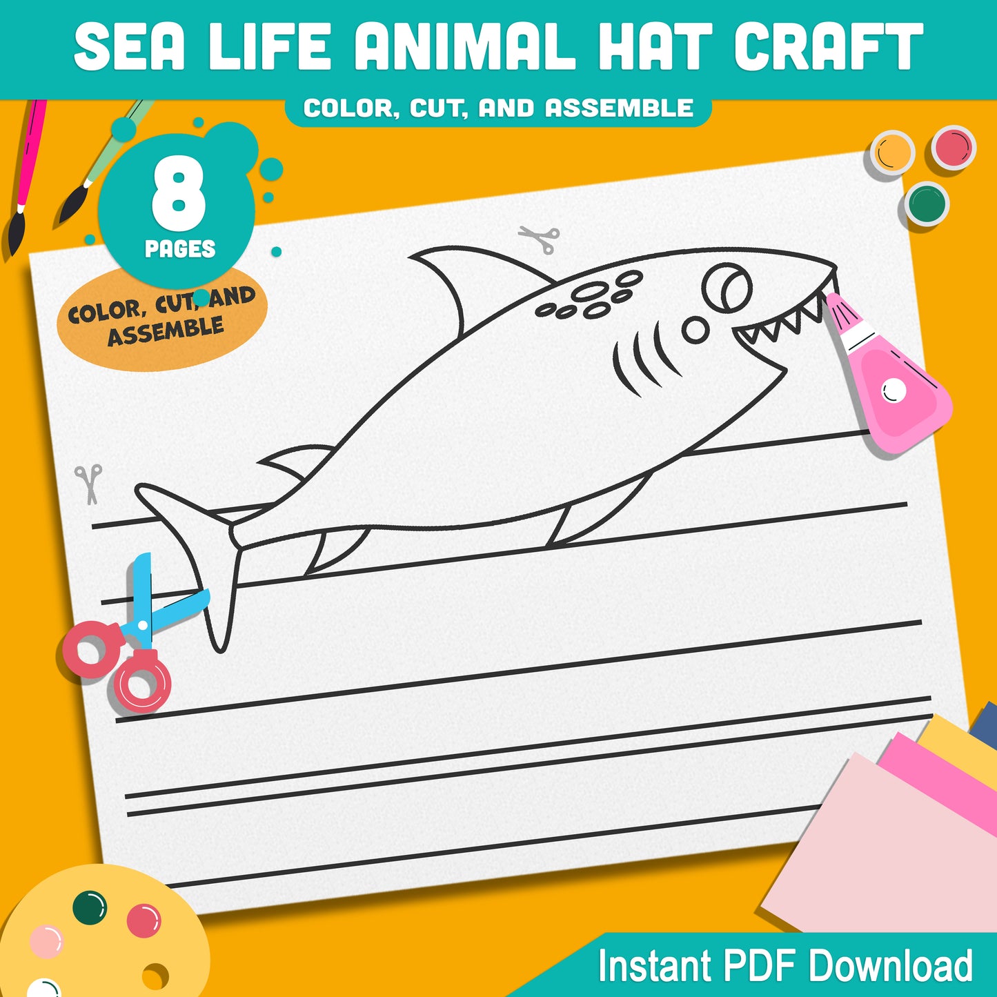 Ocean Animal Hat Templates: 4 Cute Designs Featuring Whale, Crab, Shark, Starfish for Kids’ Creative Crafts at Home or School, Instant PDF