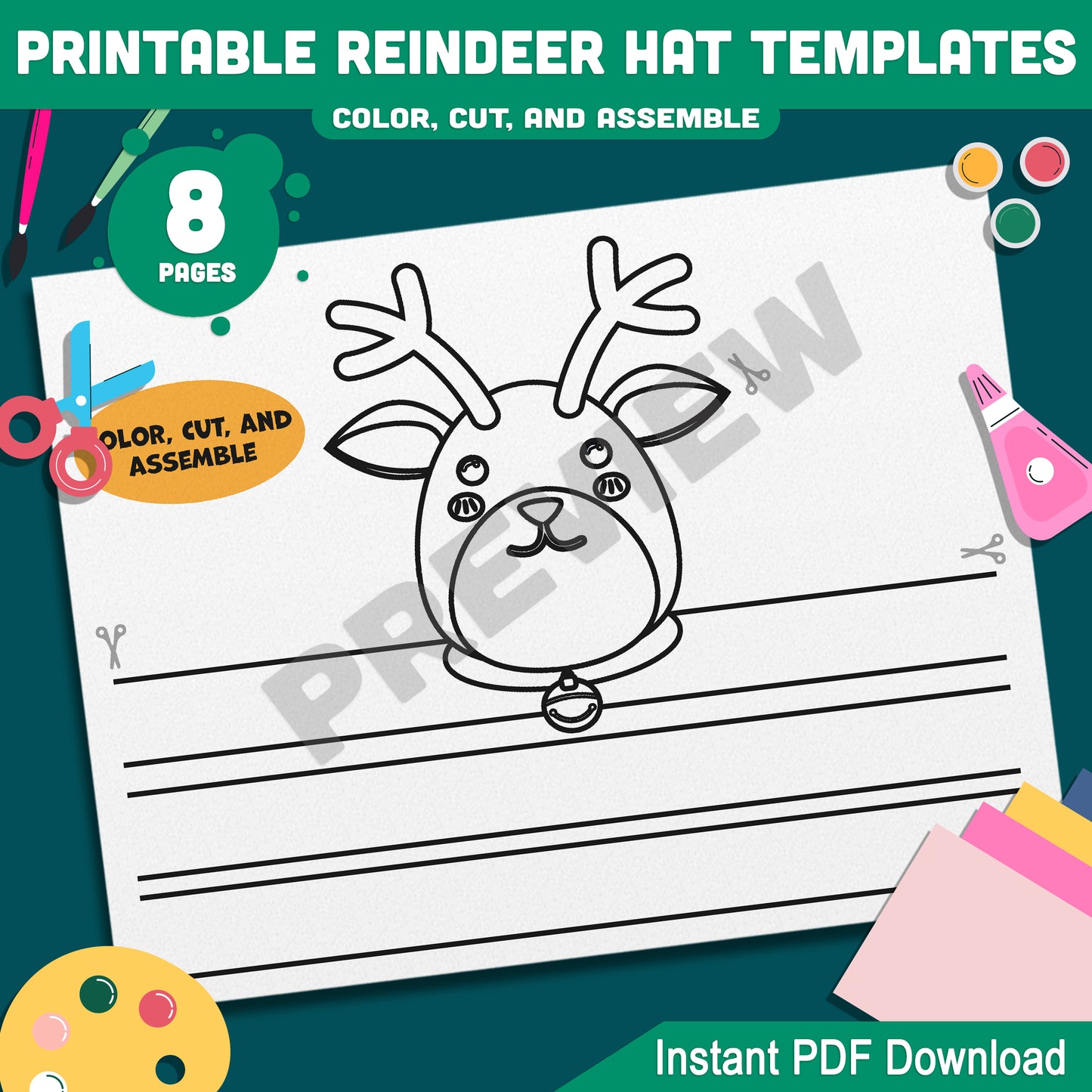 Festive Reindeer Hat Crown Templates: Christmas Craft Activity for Kids, 4 Unique Designs in Color & Black-and-White, Printable Instant Download.