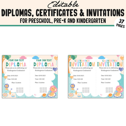 Editable Kindergarten, PreK, Preschool Diplomas, Certificates & Invitations – 37 Customizable PDF Pages, Instant Download