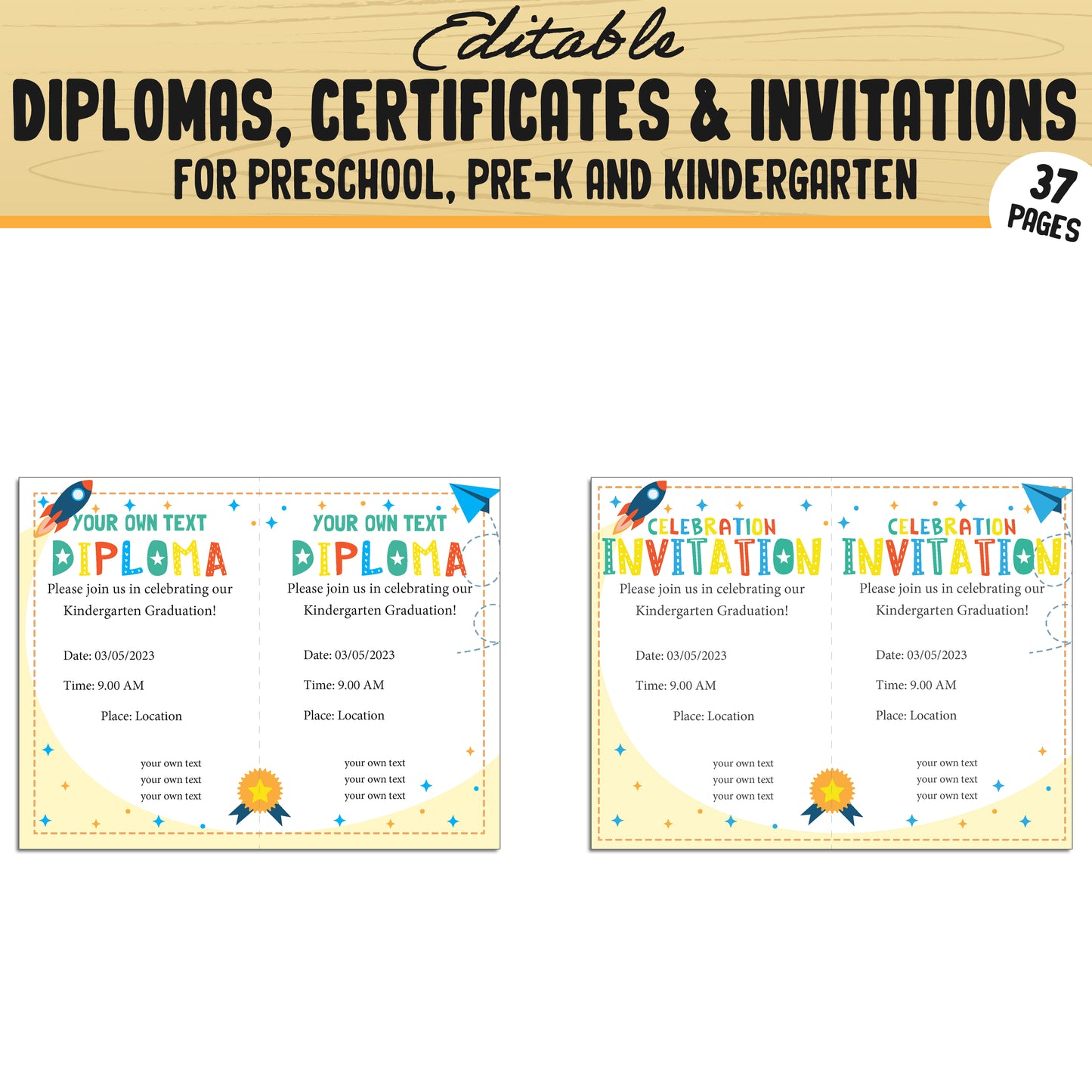 Fun and Editable Preschool, Pre-K, and Kindergarten Diplomas, Certificates, and Invitations – 37 Customizable PDF Pages, Instant Download