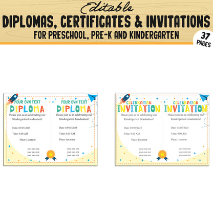 Fun and Editable Preschool, Pre-K, and Kindergarten Diplomas, Certificates, and Invitations – 37 Customizable PDF Pages, Instant Download