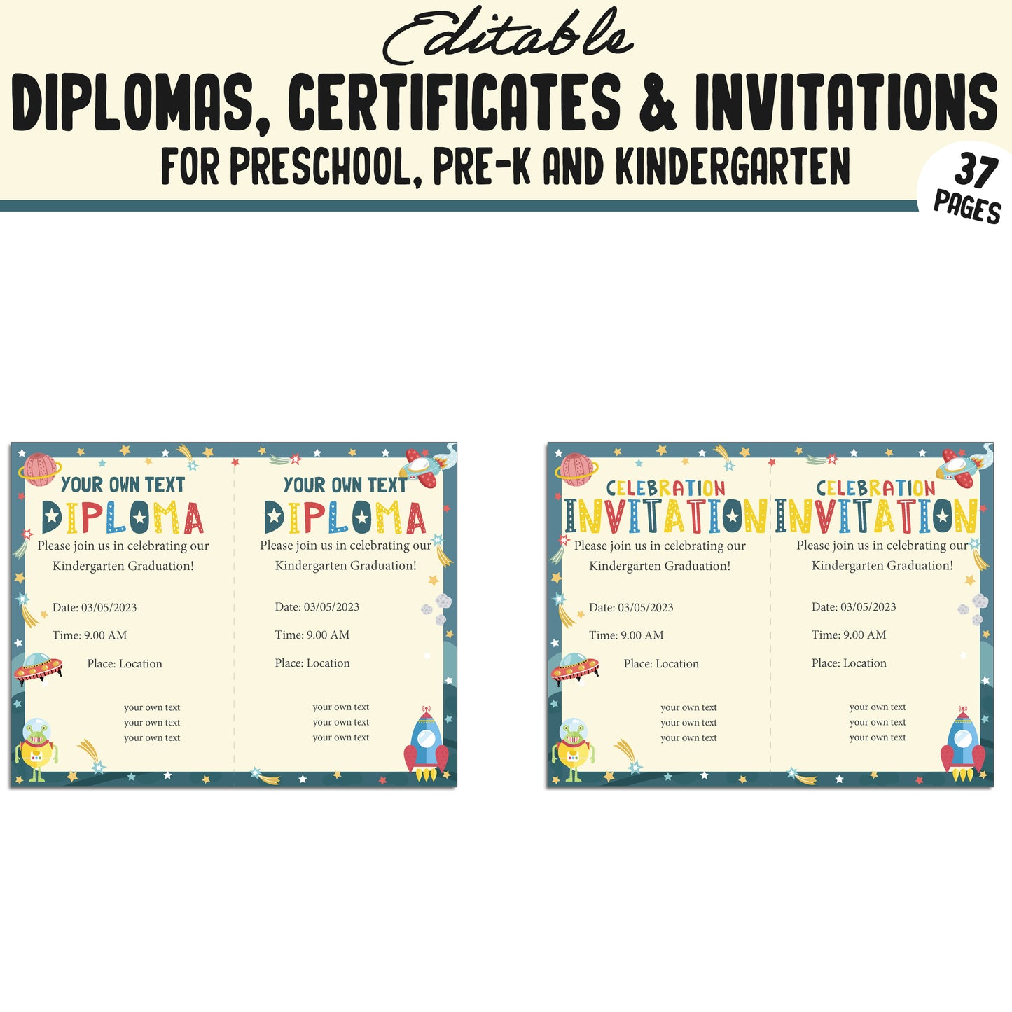 Kindergarten Certificates End of the Year, Preschool, Pre K, Diplomas & Invitations, 37 Customizable PDF Pages, Instant Download