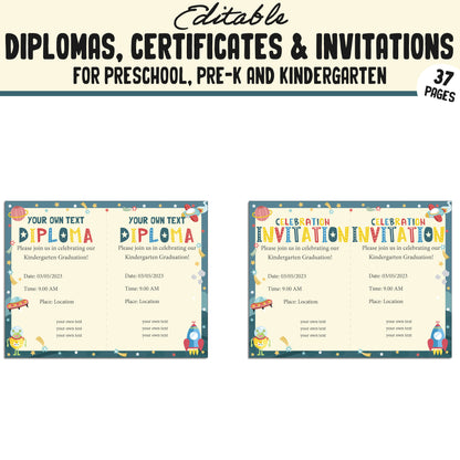 Kindergarten Certificates End of the Year, Preschool, Pre K, Diplomas & Invitations, 37 Customizable PDF Pages, Instant Download