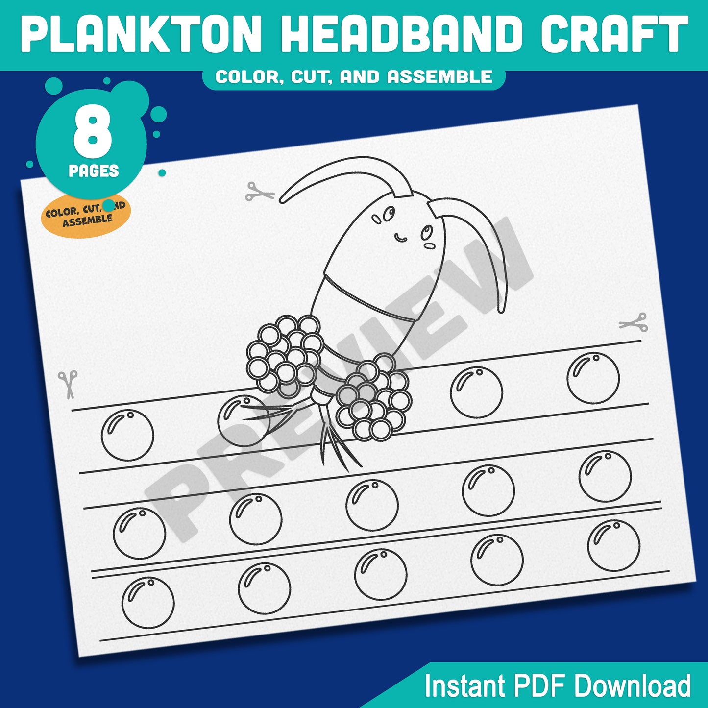 Plankton Headband Craft Under the Sea Paper Hat Activity, Pre-color + Black and White
