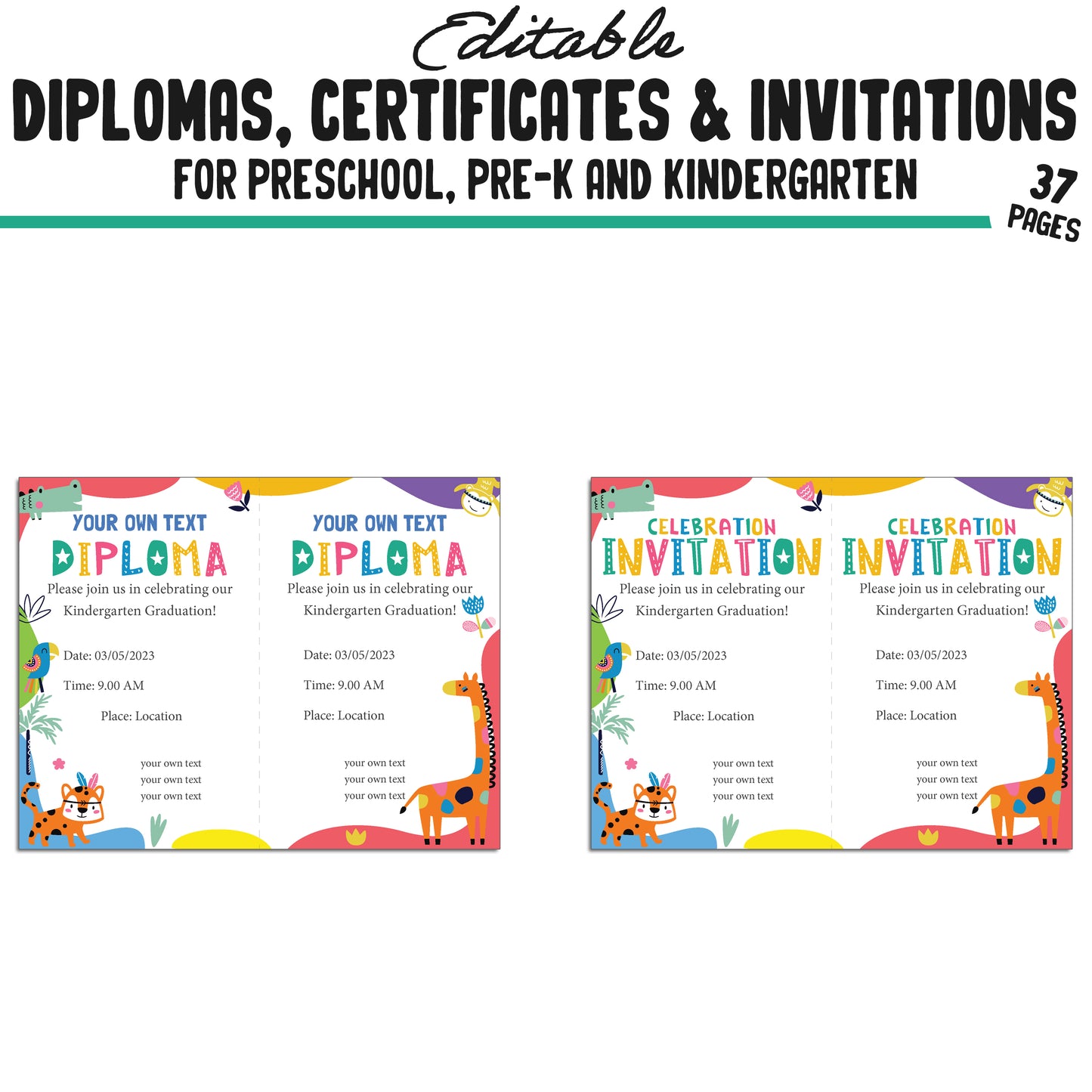 37 Editable Kindergarten, Pre-K, and Preschool Diplomas, Certificates, and Invitations Templates, PDF Files, Instant Download