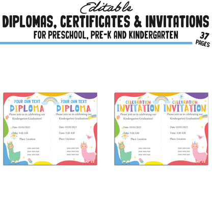 37 Editable Kindergarten Diploma Template, Pre-K, Preschool Certificates of Completion, and Invitations – Instant PDF Download!