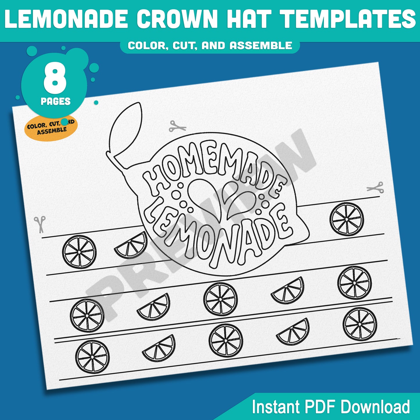 Lemonade Crown Hat Templates – Printable Summer Headband Craft for Kids, 8 Pages with Coloring Option, Instant PDF Download