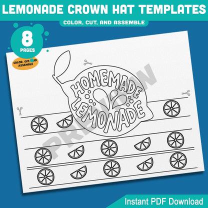 Lemonade Crown Hat Templates – Printable Summer Headband Craft for Kids, 8 Pages with Coloring Option, Instant PDF Download