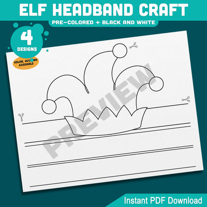 Elf Headband Craft, Holiday Coloring Activity for Kids, Cut and Assemble Paper Hat