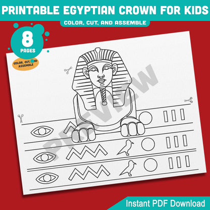 Printable Egyptian Crown for Kids, Pharaoh Cleopatra Sphinx Anubis Paper Hat and Headband Crafts, Fun Color Cut & Wear Activity, 5 Designs, PDF
