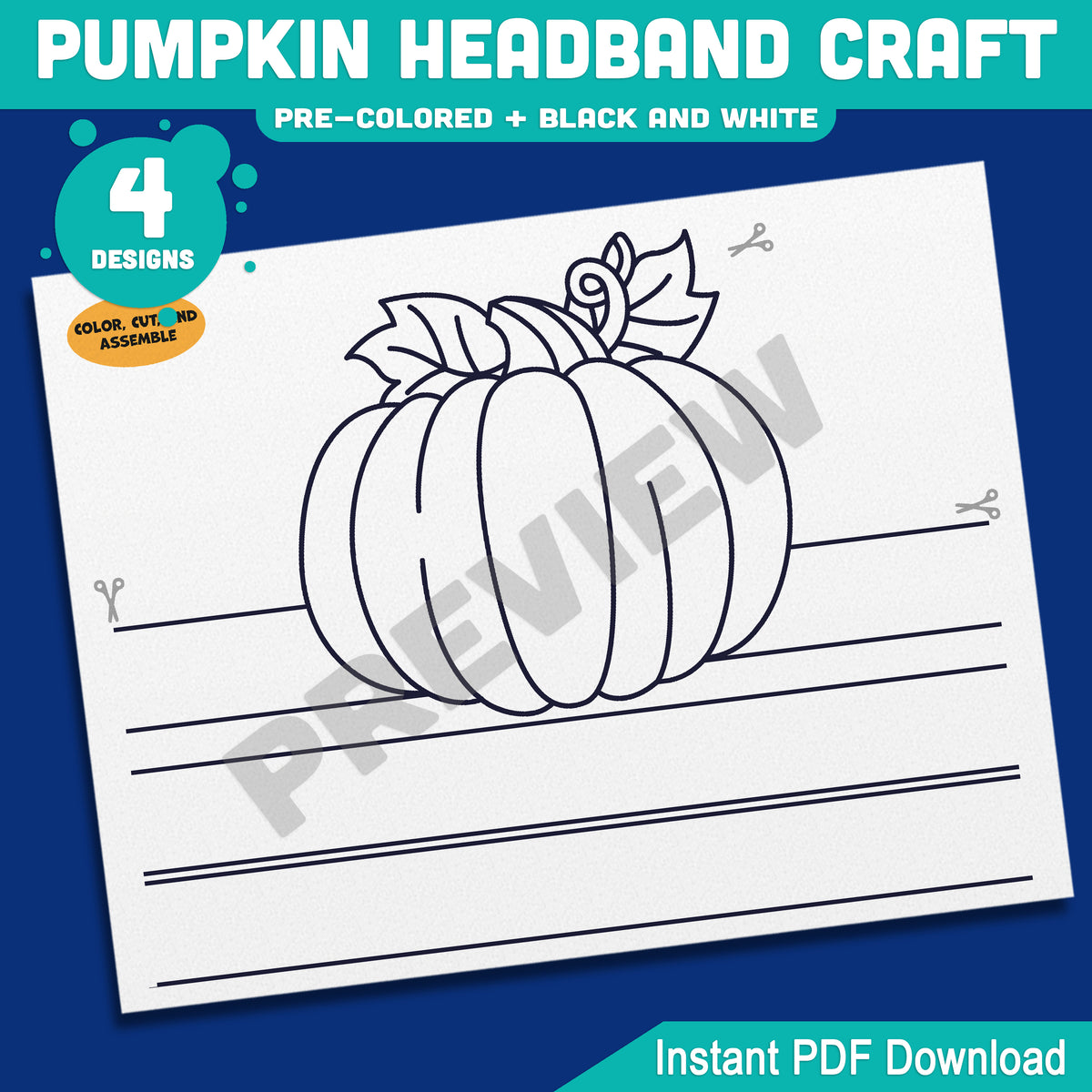 Pumpkin Headband Craft, Printable Autumn Crown, Paper Hat Activity, Pre-Colored & Black and White, Fall Craft for Kids, 4 Designs, A4, US Letter