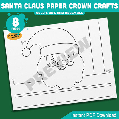 Printable Santa Claus Paper Crown Crafts, Christmas Coloring Headband and Hat Activity, Cut, Color & Wear, Perfect for Winter Party Fun, 4 Designs, Pre-color + Black & White, Instant PDF Download