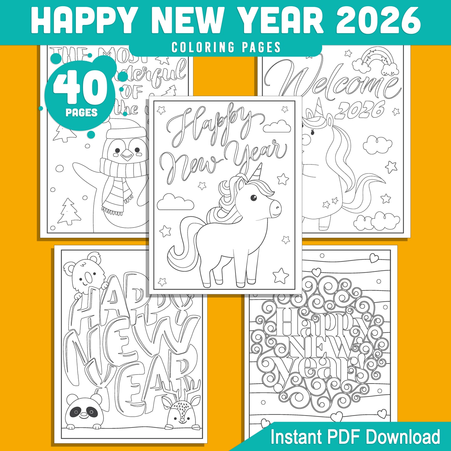 Kids' 2026 New Year Coloring Pages: 40 Funny Animal Prints for Holiday Fun, Creative Printable Activities, PDF Instant Download