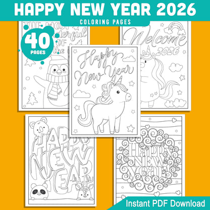 Kids' 2026 New Year Coloring Pages: 40 Funny Animal Prints for Holiday Fun, Creative Printable Activities, PDF Instant Download