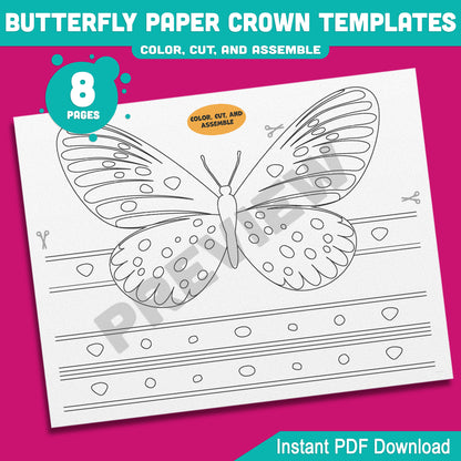 Printable Butterfly Paper Crowns – 4 Adorable Designs for Spring Headband Crafts, Pre-Colored + B&W Versions, 8 Pages for Kids
