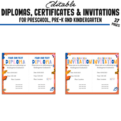 Boost Your Graduation Ceremony with 37 Editable Kindergarten, Pre-K, Preschool Certificates, Diplomas & Invitations, Instant PDF Download!