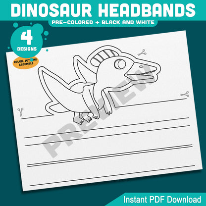 Printable Dinosaur Headbands, Paper Crowns, Color Your Own Hats, Dinosaur Craft Activity, Pre-Colored, Black & White, US Letter, A4