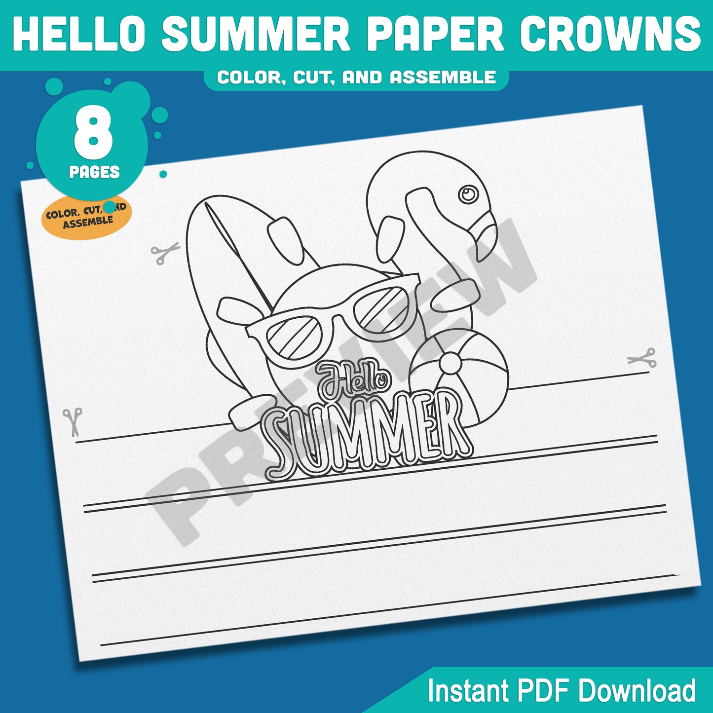 Hello Summer Paper Crown Craft for Kids – Beach Headbands in 4 Designs, Color and Black & White Printable Hats, Instant PDF, 8 Pages