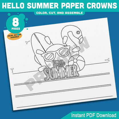 Hello Summer Paper Crown Craft for Kids – Beach Headbands in 4 Designs, Color and Black & White Printable Hats, Instant PDF, 8 Pages