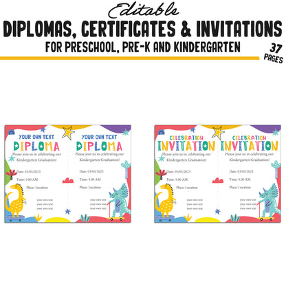 37 Editable Kindergarten, Pre-K, and Preschool Completion Certificate Diplomas, and Invitations Templates, PDF Files, Instant Download