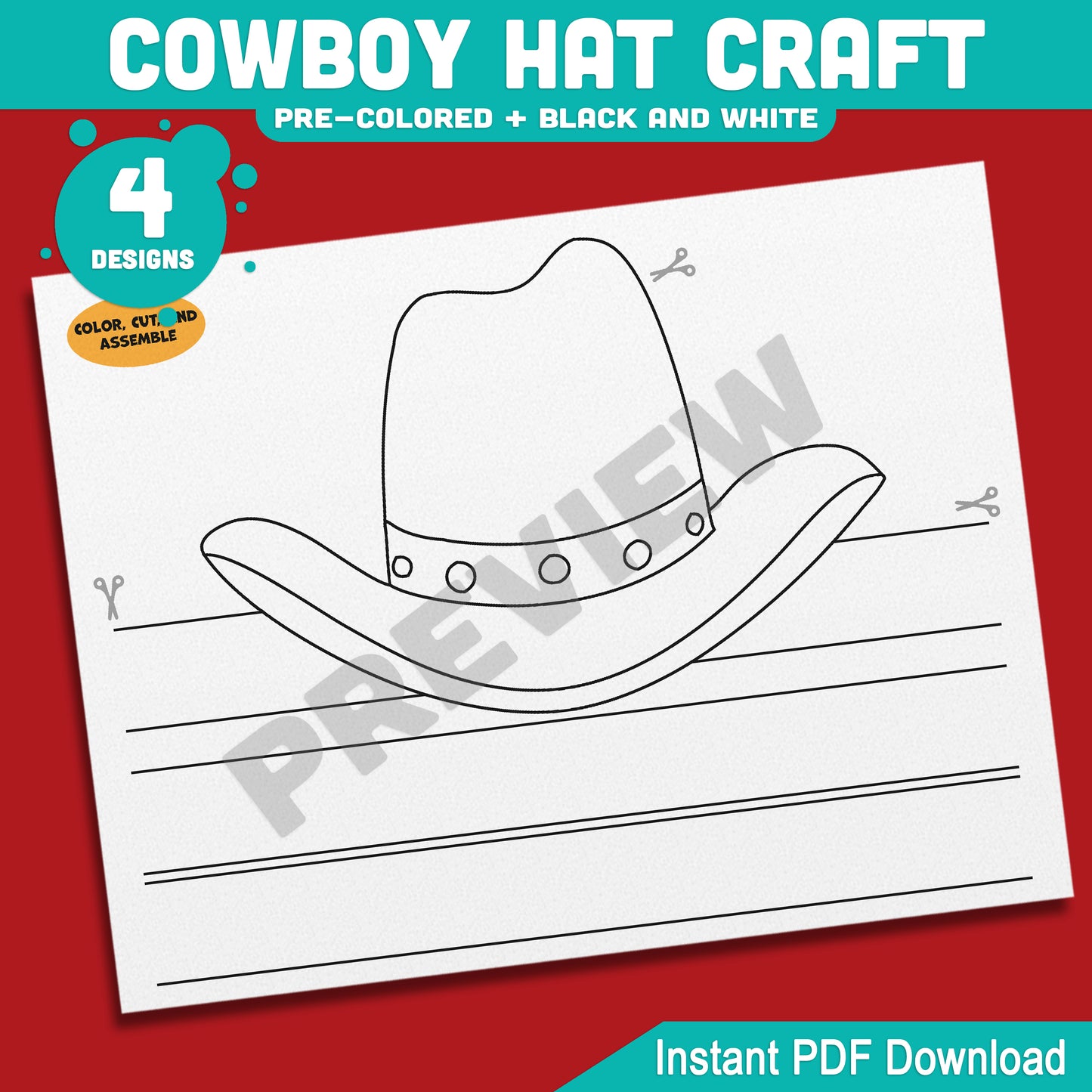 Cowboy Hat Craft, Wild West Headband Activity, Cowgirl & Cowboy Coloring Template, Summer Fun Printable, PDF Download