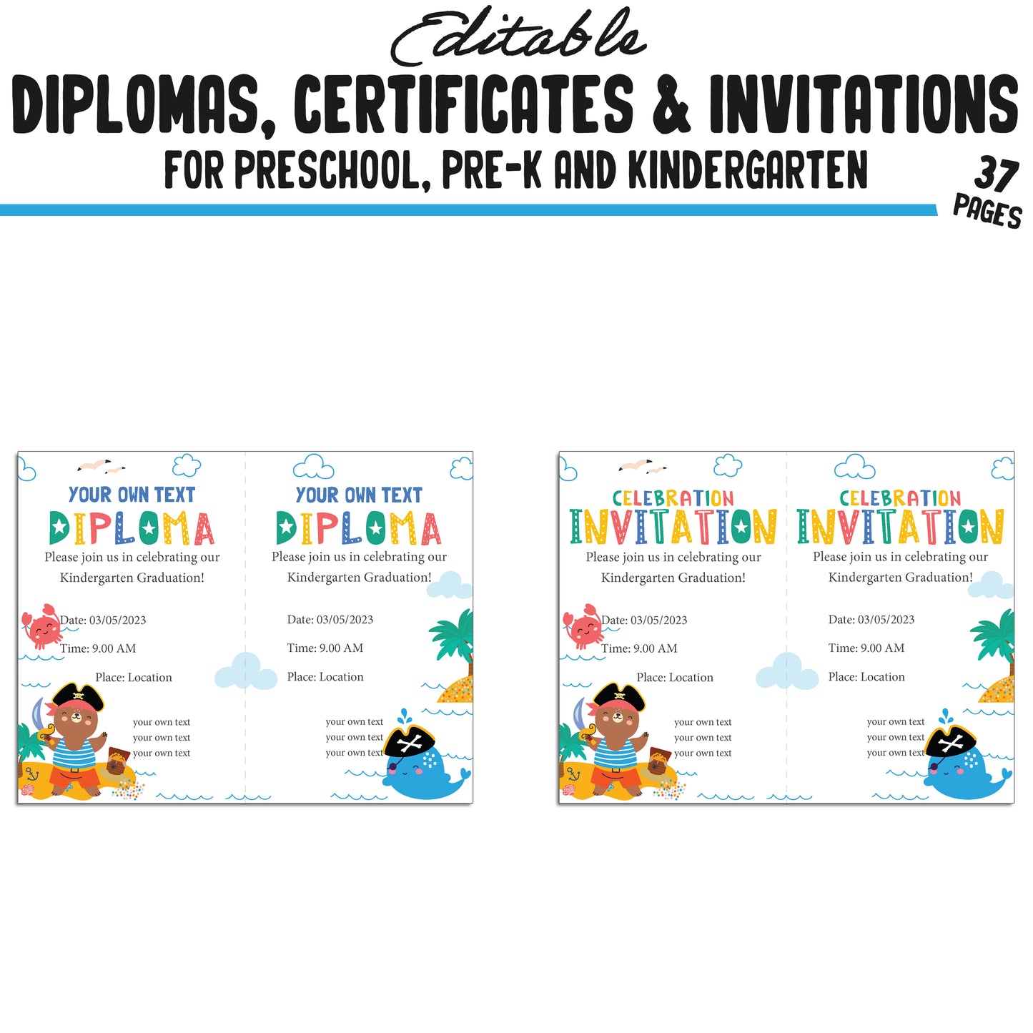 Printable / Editable Kindergarten, Pre-K, Preschool Completion Certificates, Diplomas & Invitations, PDF Files, Instant Download