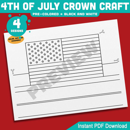 4th of July Crown Craft, Printable Holiday Headband Activity for Kids, Patriotic Coloring and Wearable Crown Templates