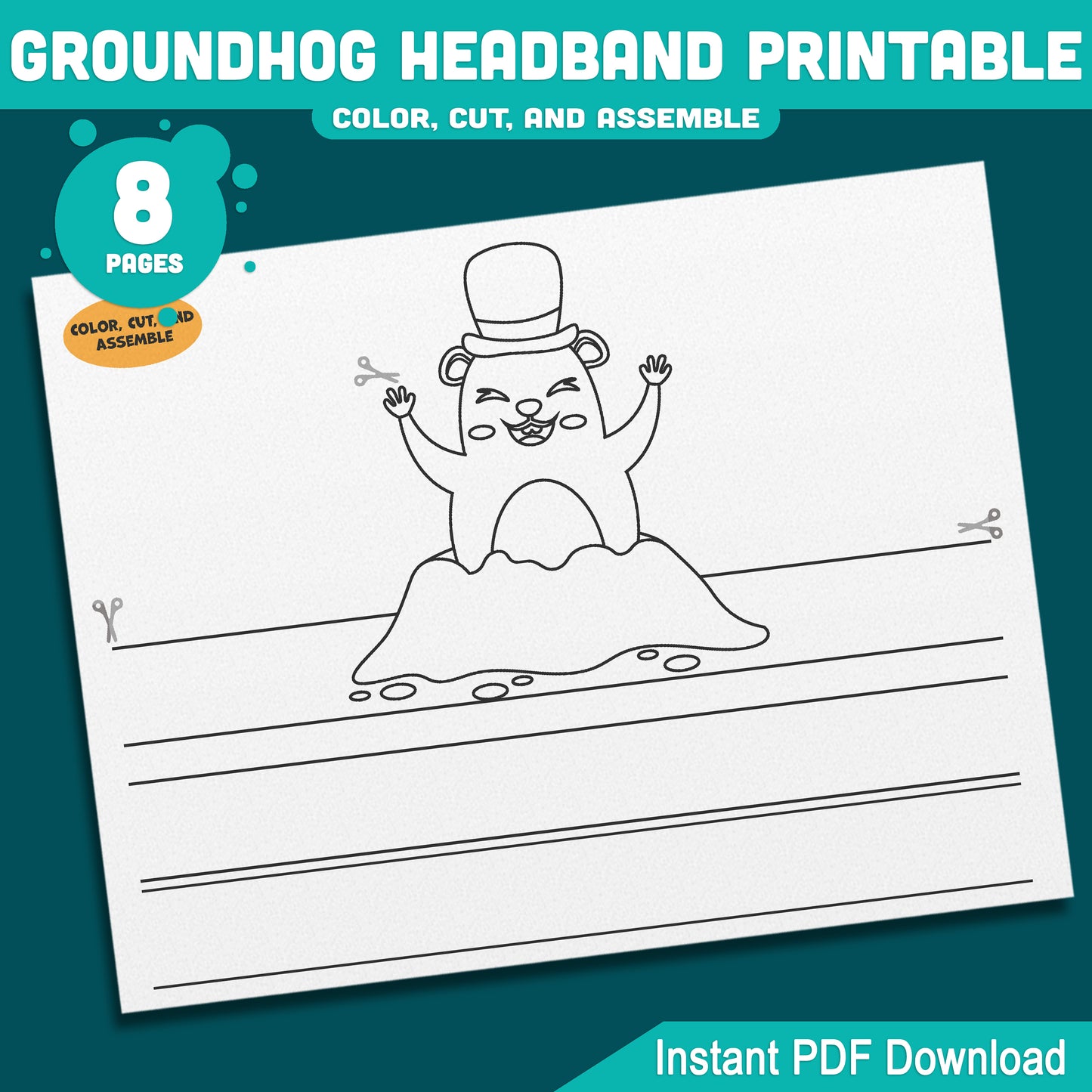 Printable Groundhog Day Headband & Crown Crafts for Kids, Fun Paper Hat Craft, Color Cut and Wear Crown Activity, Pre-color + Black & White