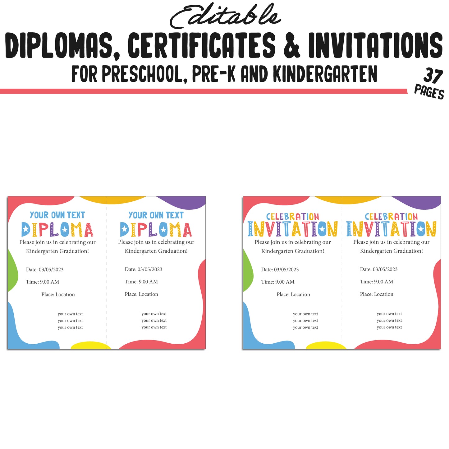 37 Editable Kindergarten, Pre-K, and Preschool Diplomas, Certificates of Completion, and Invitations – Instant PDF Download!