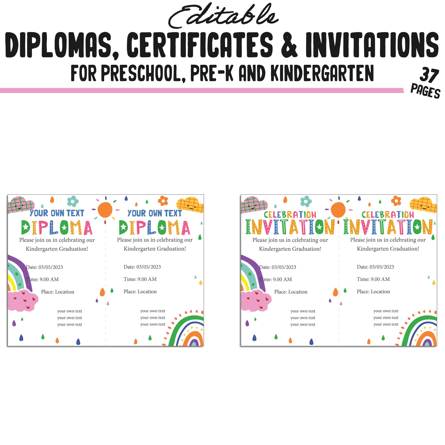 37 Editable Printable Pre-K, Kindergarten, and Preschool Diploma and Invitation Templates (PDF) - Instant Download