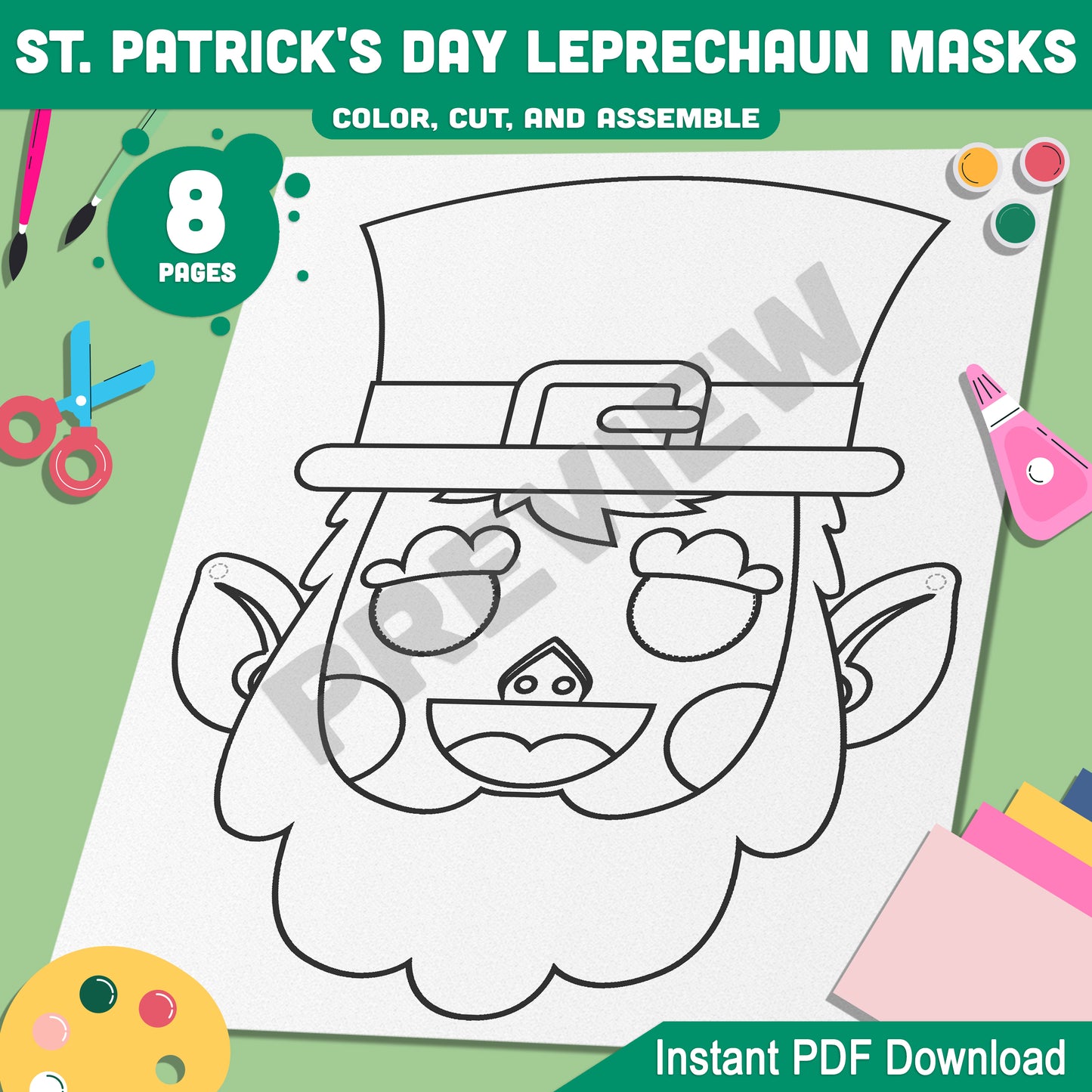 St. Patrick's Day Craft for Kids: Leprechaun Mask Templates with 4 Festive Designs to Color, Cut, and Assemble, Instant Download, PDF File