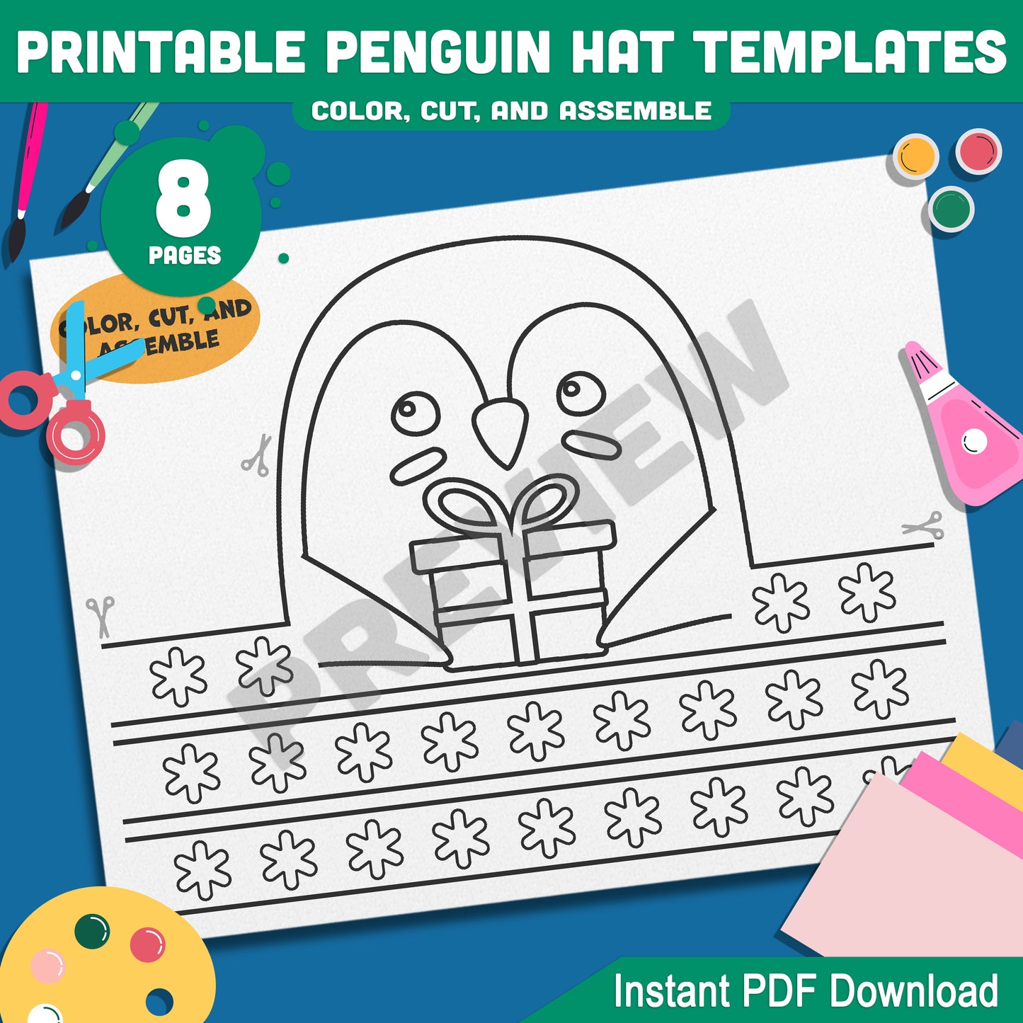 Printable Penguin Crown Craft Templates: 4 Winter-Themed Designs for Kids to Color, Cut, and Assemble, Includes Black & White, Instant Download.