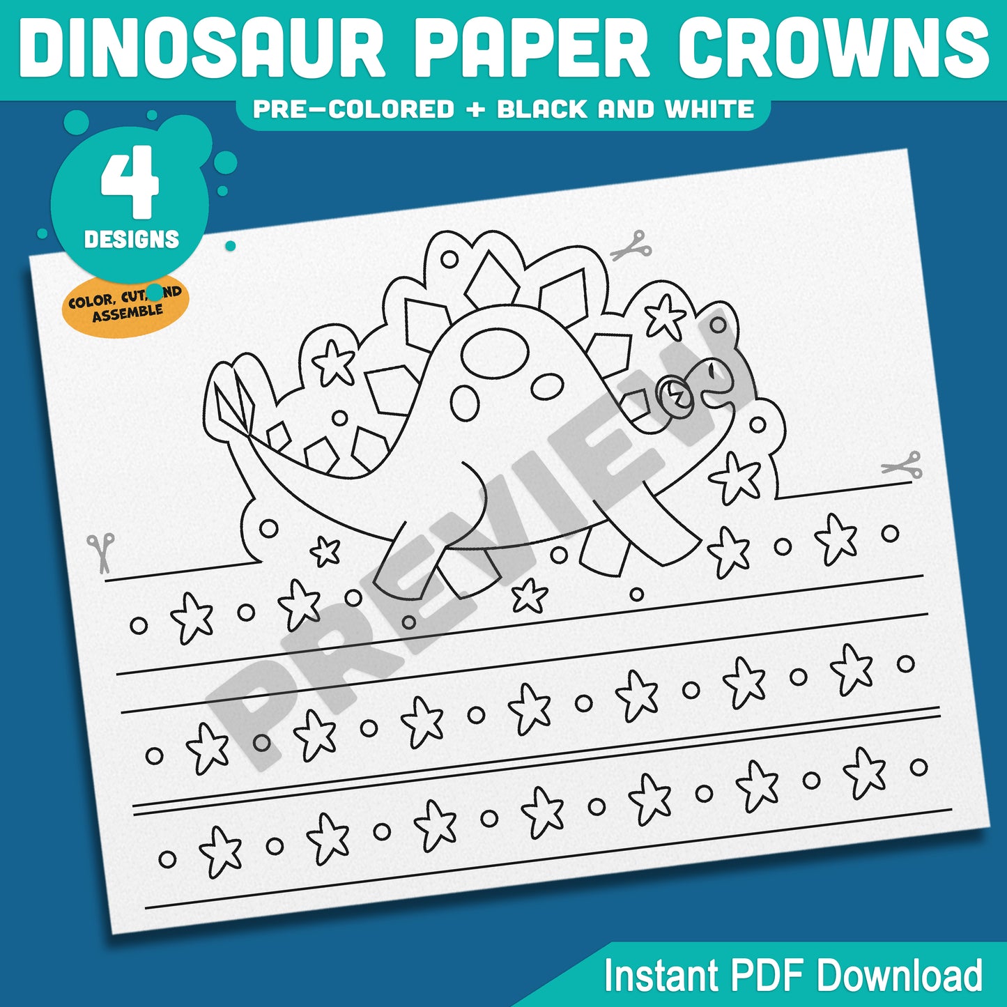 Dinosaur Paper Crowns, Printable Headbands, Color Your Own Paper Hats, Dinosaur Crown Craft, Printable Classroom Activity, US Letter, A4