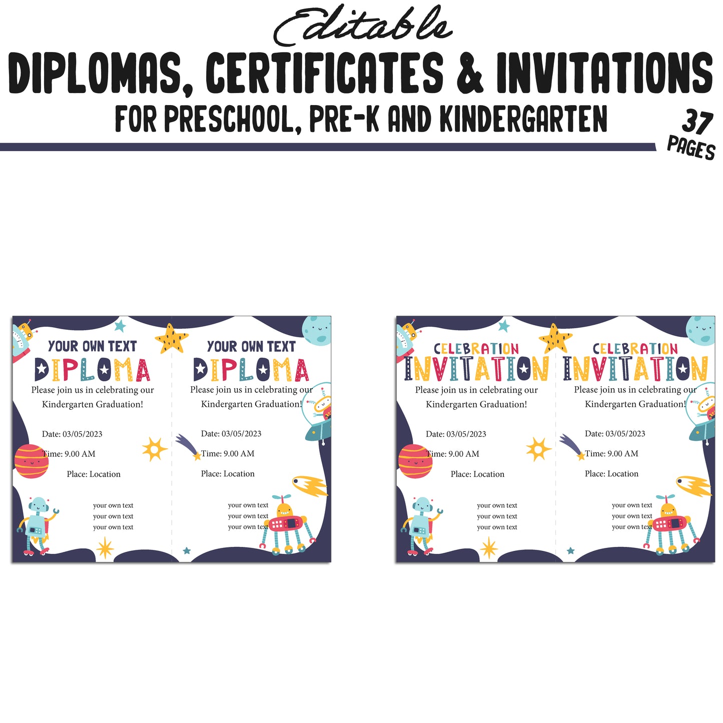 Printable and Editable Kindergarten, Pre-K, and Preschool Completion Certificates, Diplomas & Invitations, PDF Files, Instant Download