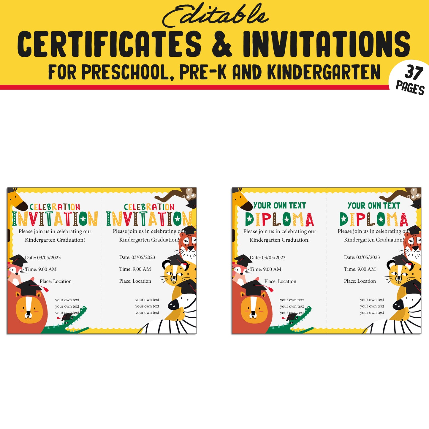 Fun Editable Certificates and Invitations for Preschool, Pre-K, and Kindergarten – 37 Customizable Pages, PDF Instant Download