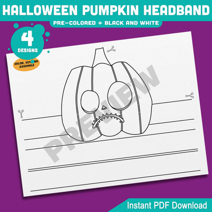 Halloween Pumpkin Headband Craft, Printable Pumpkin Hat, Autumn Paper Crown, Pre-Colored and Black & White, 4 Designs, US Letter, A4 PDF