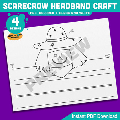 Scarecrow Headband Craft, Fall Paper Hat Activity, Printable Crown, Pre-Colored & Black and White, Autumn Craft for Kids, 4 Designs, A4, US Letter