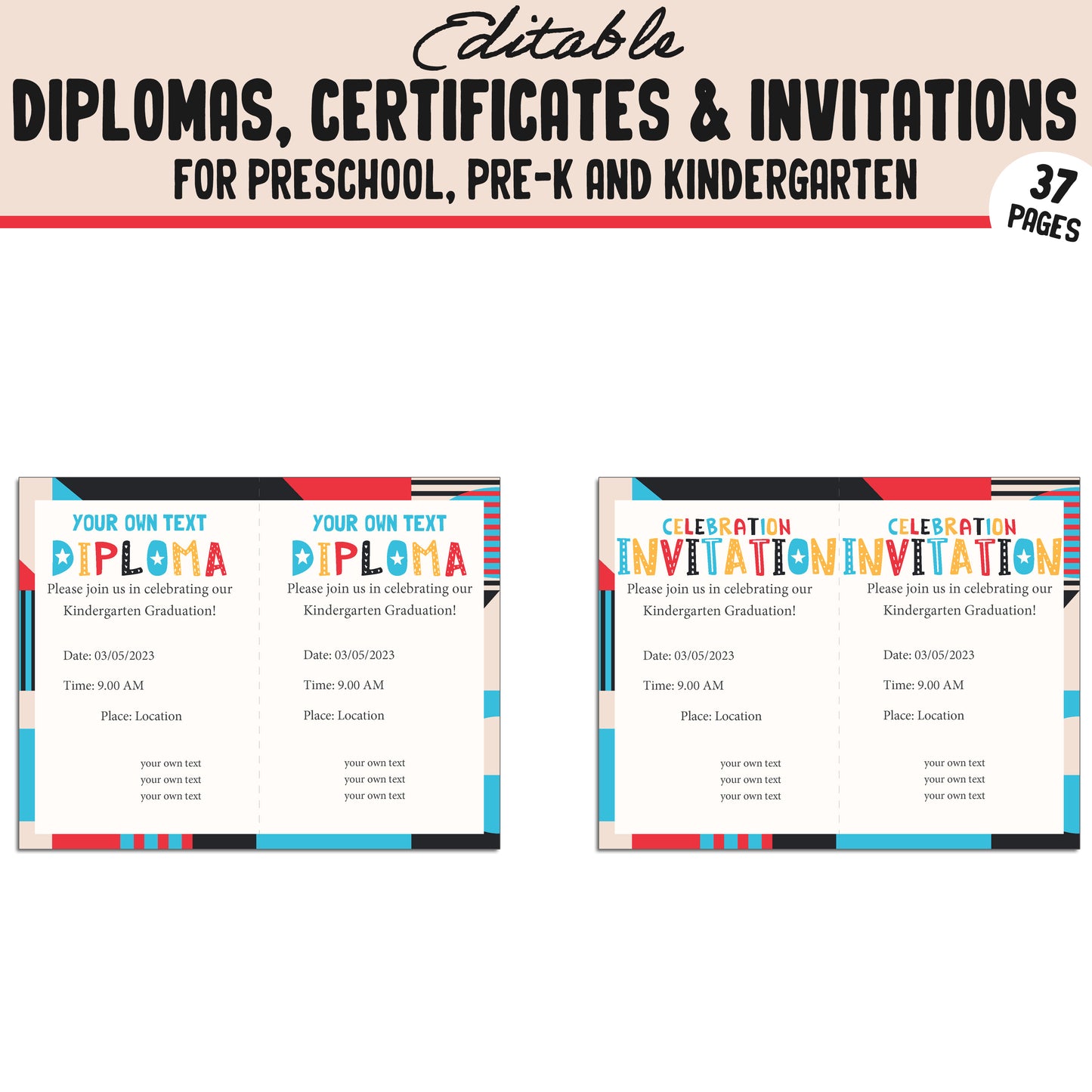 Editable End of the Year Certificates, Diplomas & Invitations for Kindergarten, PreK, Preschool, 37 Customizable PDF Pages, Instant Download