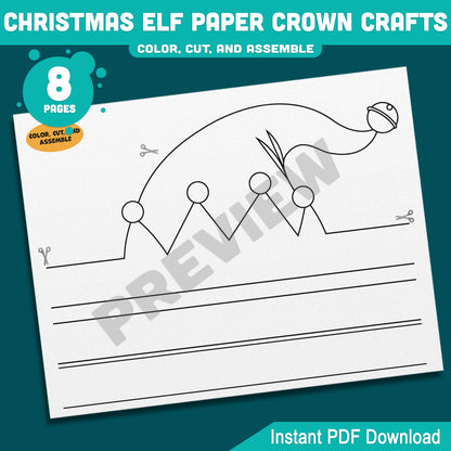 Printable Christmas Elf Paper Crown Crafts, Fun Winter Hat and Headband Activity, Christmas Play Paper Hat to Color, Cut & Assemble, 4 Designs, Pre-color + Black & White, Instant PDF Download